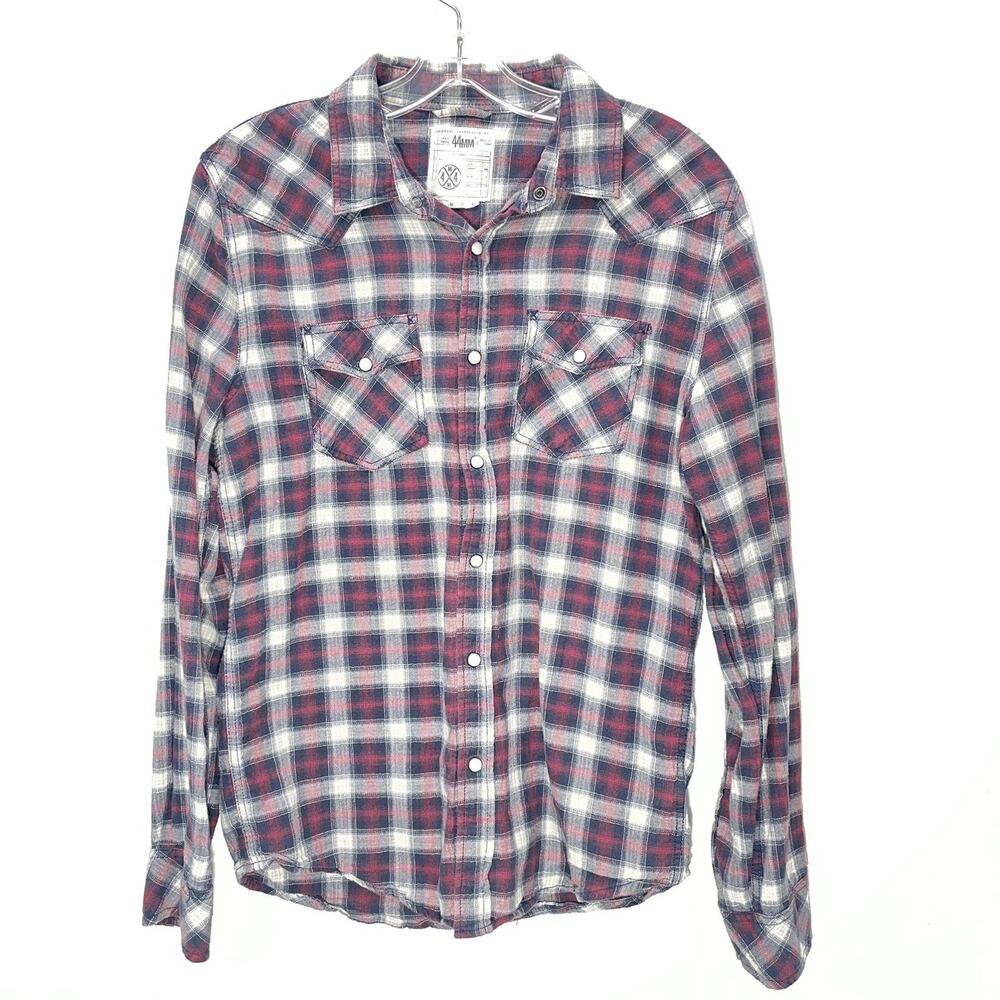 Men’s Red Plaid Flannel Pearl Snap Shirt Small Western 44MM Button Down